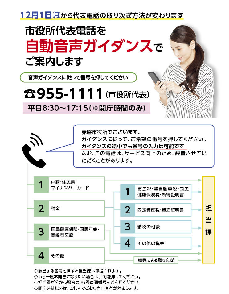 市役所代表電話を自動音声ガイダンスで案内します