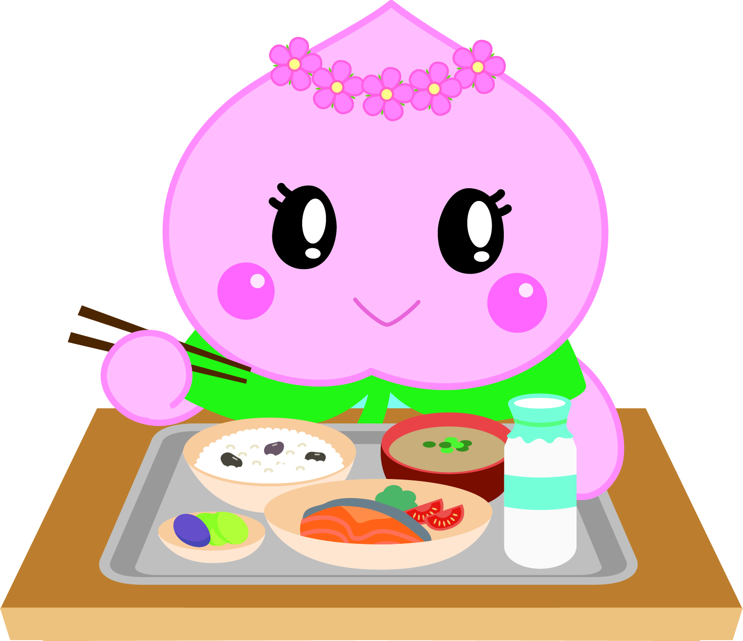 モモちゃんが給食を食べています。