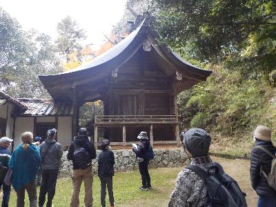 松尾神社の本殿を見学する様子