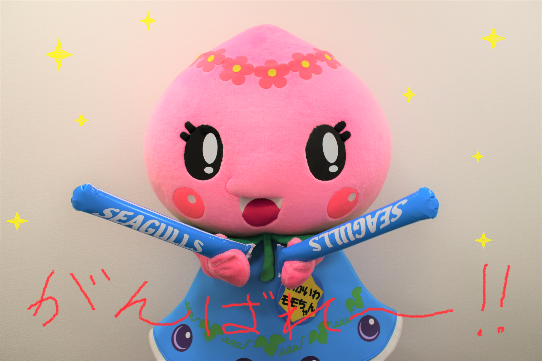 岡山シーガルズを応援するあかいわモモちゃん