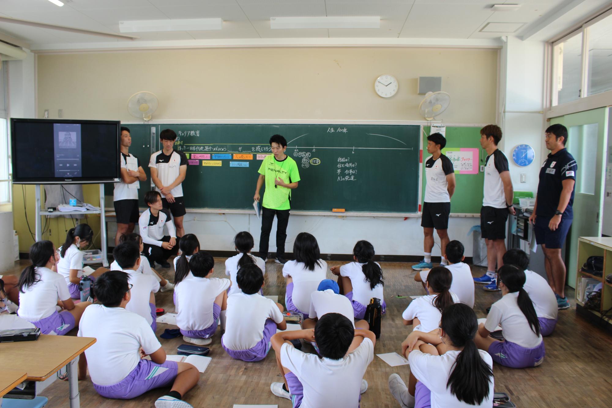 キャリア教育で日本代表選手やスタッフから話を聞く6年生